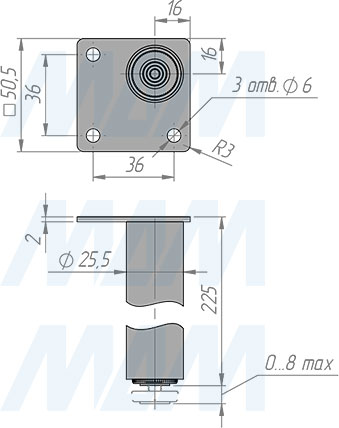 Размеры декоративной опоры, высота 230 мм, регулировка 10 мм (артикул ADJ19.230)