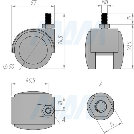 Размеры колесной опоры RINO со штифтом M8 (артикул CST16)