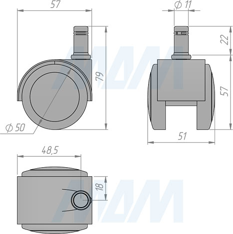 Размеры колесной опоры RINO со штифтом без резьбы (артикул CST16)