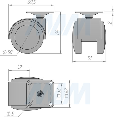 Размеры колесной опоры RINO с площадкой (артикул CST16)