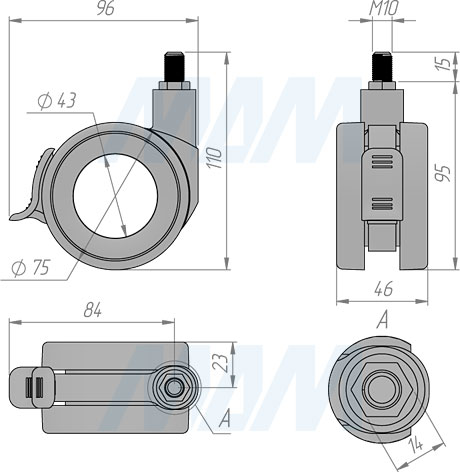 Размеры колесной опоры BISMARK со стопором и со штифтом M10 (артикул CST17)