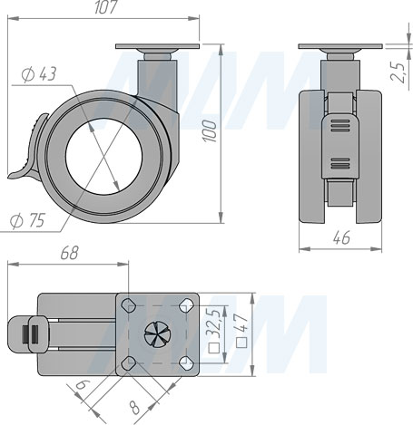Размеры колесной опоры BISMARK со стопором и с площадкой (артикул CST17)