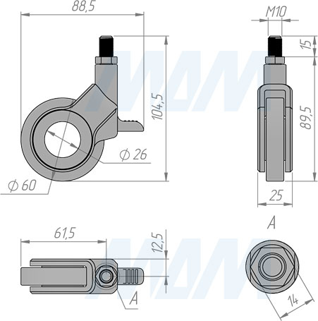 Размеры колесной опоры DALLAS со стопором и со штифтом M10 (артикул CST21)
