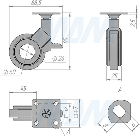 Размеры колесной опоры DALLAS со стопором и с площадкой (артикул CST21)
