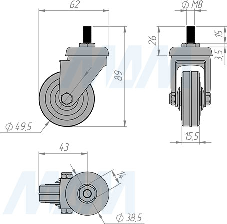 Размеры колесной опоры, диаметр 50 мм, со штифтом М10 (артикул CST50)