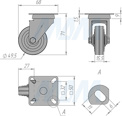 Размеры колесной опоры, диаметр 50 мм, с площадкой (артикул CST55)