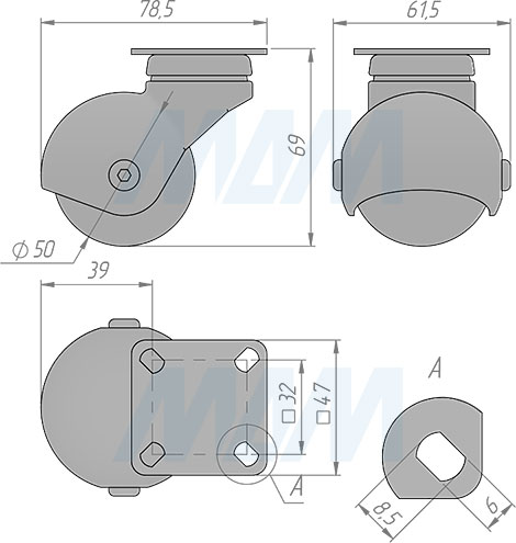Размеры колесной опоры ORLANDO с прорезиненным колесом диаметром 50 мм без стопора (артикул CST60)