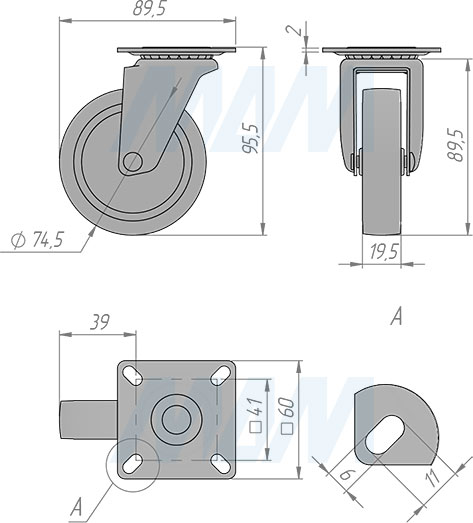 Размеры колесной опоры, диаметр 75 мм, с площадкой (артикул CST75)