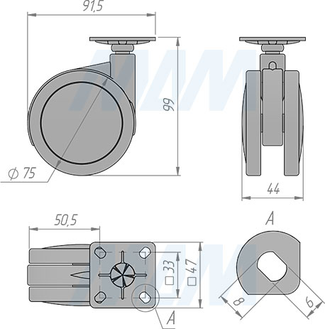 Размеры двухколесной усиленной опоры без стопора с площадкой (артикул CST79)