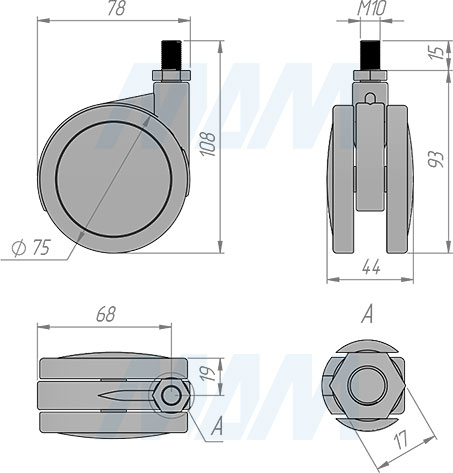 Размеры двухколесной усиленной опоры без стопора со штифтом M10 (артикул CST79)