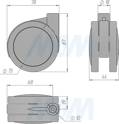 Размеры двухколесной усиленной опоры диаметром 75 мм без стопора (артикул CST79)