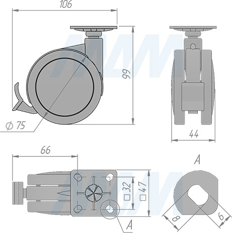 Размеры двухколесной усиленной опоры со стопором стопора с площадкой (артикул CST80)