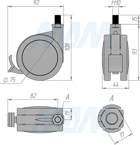 Размеры двухколесной усиленной опоры со стопором со штифтом M10 (артикул CST80)