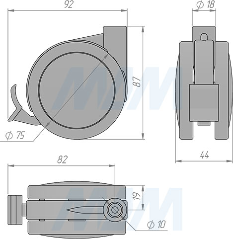 Размеры двухколесной усиленной опоры диаметром 75 мм со стопором (артикул CST80)
