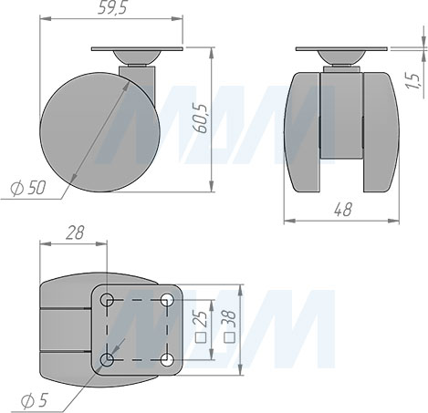 Размеры колесной опоры диаметром 50 мм с площадкой без стопора (артикул CSU-50P)