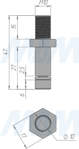 Размеры штифта М10 для усиленных колесных опор CST79 и CST80 (артикул FIX09)