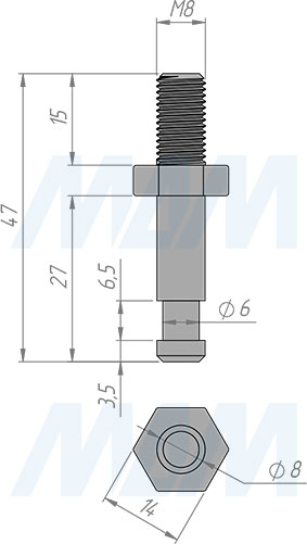 Размеры штифта М8 для колесных опор RINO, JACKSON, TUSON (артикул FIX10 M8)