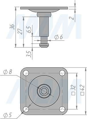 Размеры площадки 42х42 мм для колесных опор RINO, JACKSON, TUSON (артикул FIX10 PL)