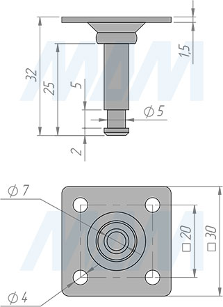 Размеры площадки 30х30 мм для колесных опор PORTLAND (артикул FIX11 PL)