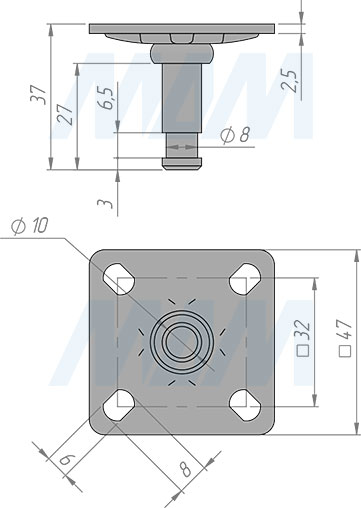 Размеры площадки 47х47 мм для колесных опор DENVER (артикул FIX12 PL)
