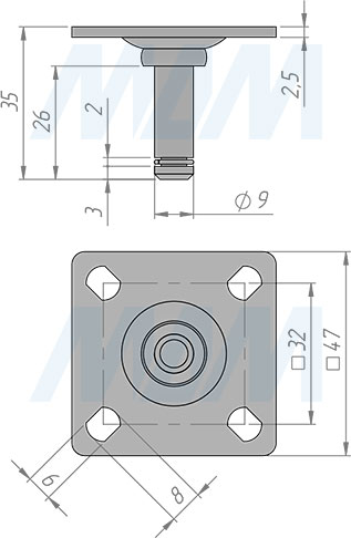 Размеры площадки 47х47 мм для колесных опор BISMARK, DALLAS (артикул FIX15 PL)