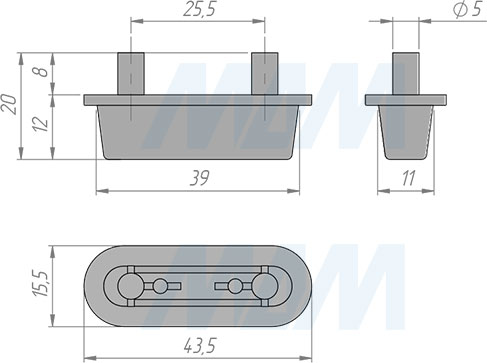 Размеры двойного подпятника под отверстия диаметром 5 мм (артикул HL.43X15)