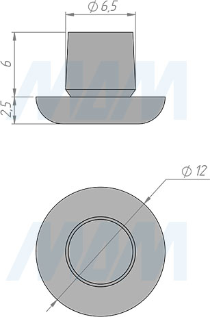 Размеры круглого подпятника D12 мм, для отверстия 6 мм (артикул HL-R.12-6)