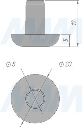 Размеры круглого подпятника D20 мм, для отверстия 8 мм (артикул HL-R.20-8)