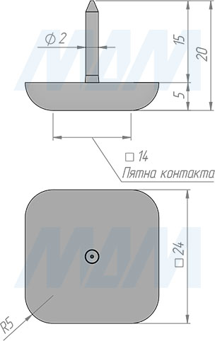 Размеры квадратного подпятника SuperGlideс шипом, 24х24 мм (артикул HR-D2424)