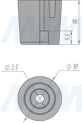 Размеры круглого подпятника D18 мм, h18 мм, под саморез (артикул HR18-18-P)