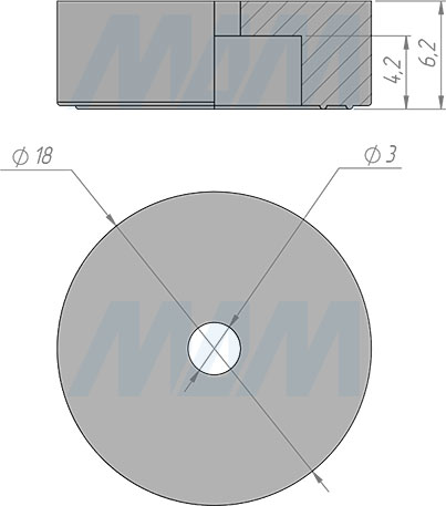 Размеры круглого подпятника D18 мм, h6 мм, под саморез (артикул HR18-6-P)