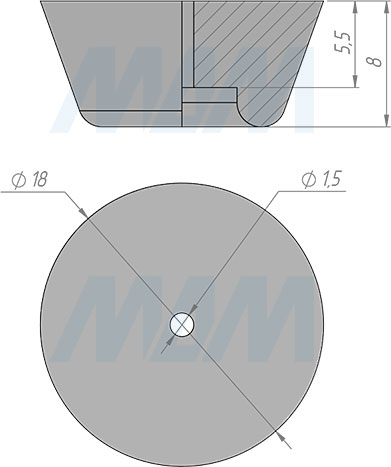 Размеры круглого подпятника D18 мм, h8 мм, под саморез (артикул HR18-8-P)