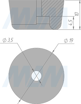 Размеры круглого подпятника D19 мм, h10 мм, под саморез (артикул HR19-10-P)