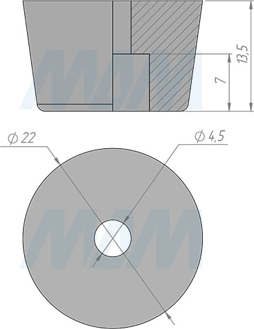 Размеры круглого подпятника D22 мм, h13,5 мм, под саморез (артикул HR22-13-P)