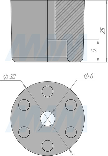 Размеры круглого подпятника D30 мм, h25 мм, под саморез (артикул HR30-25-P)