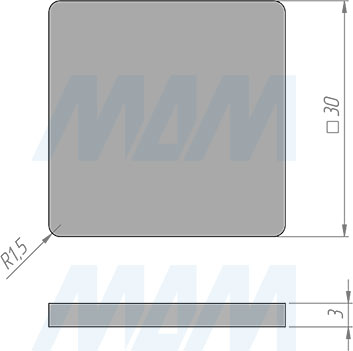 Размеры самоклеящегося квадратного подпятника 30x30 мм (артикул HS3030)