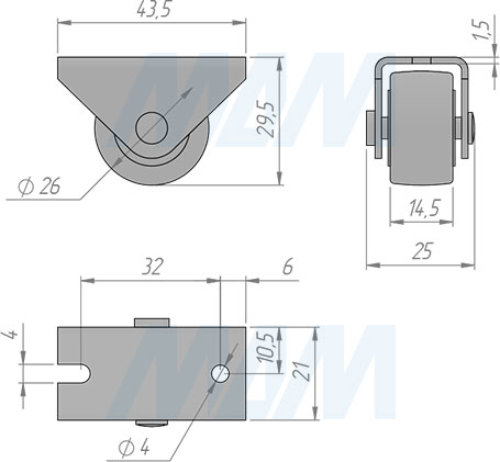 Размеры прямоходной колесной прорезиненной опоры, высота 29 мм (артикул КП 3М)