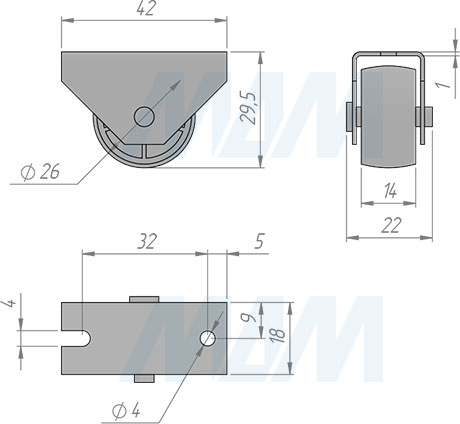Размеры прямоходной колесной пластиковой опоры, высота 29 мм (артикул КП 3H)