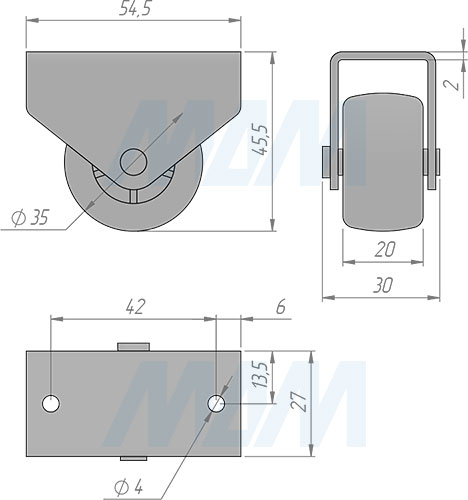 Размеры прямоходной колесной прорезиненной опоры, высота 46 мм (артикул КП 5М)