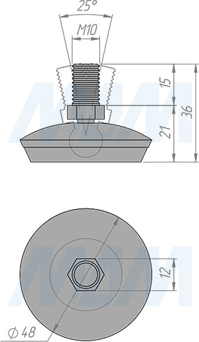 Размеры мебельной ножки на подвижном шарнире, М10x15 мм (артикул LEV M10 X 15)