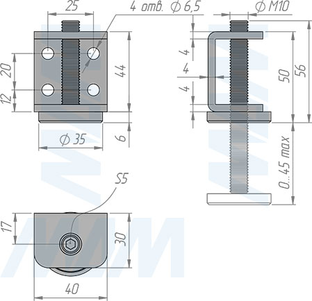 Размеры универсальной регулируемой опоры M10x50 мм (артикул LEV-M10X50.S)