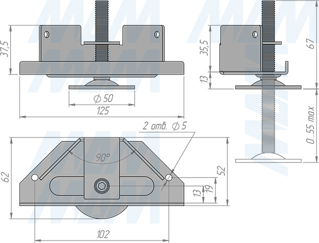 Размеры универсальной регулируемой опоры M10x63 мм с поддержкой 2 боковин (артикул LEV-M10X63.D)