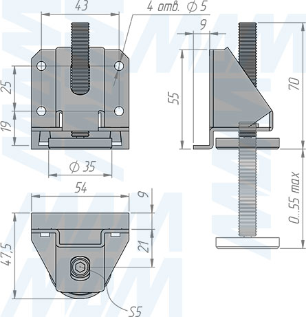 Размеры универсальной регулируемой опоры M10x68 мм с поддержкой боковины (артикул LEV-M10X68.S)