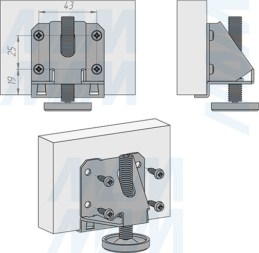 Установка универсальной регулируемой опоры с поддержкой боковины M10x68 мм (артикул LEV-M10X68.S)