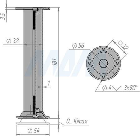 Размеры декоративной опоры, диаметр 32 мм, высота 180 мм, регулировка 10 мм (артикул NA10C00/R 180ММ)