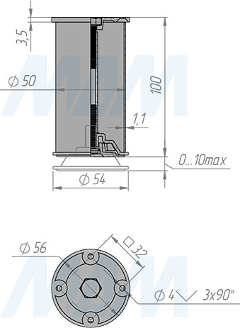 Размеры декоративной опоры, диаметр 50 мм, высота 100 мм, регулировка 10 мм (артикул NA11C00/R 100ММ)
