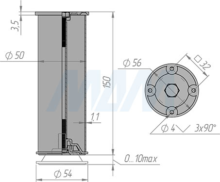 Размеры декоративной опоры, диаметр 50 мм, высота 100 мм, регулировка 10 мм (артикул NA11C00 R150ММ)