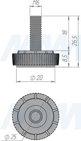 Размеры мебельной ножки, M6x20 мм (артикул PI01.M6X20)