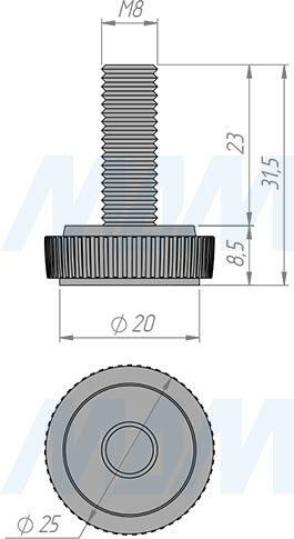Размеры мебельной ножки М8x25 мм (артикул PI02.M8X25.)
