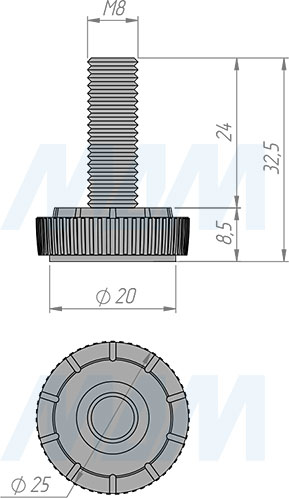 Размеры мебельной ножки М8x25 мм (артикул PI02 M8 X 25R)